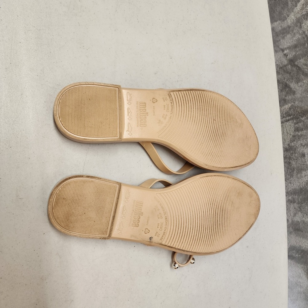 Melissa Sandals Womens Size 10 Slim Li Flip Flops Tan Silver Beaded Bow Thong - Picture 6 of 11